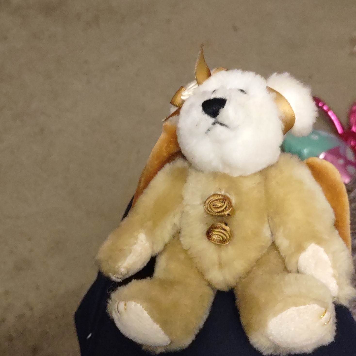 Beige White Plush Teddy Bear with Gold Angel Wings and Decorative Buttons