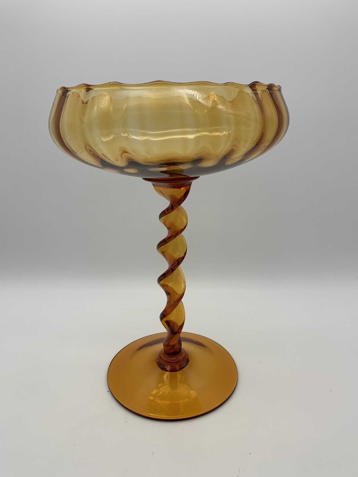 Vintage Empoli Twisted Stem Compote Art Glass 10” Amber Stunning