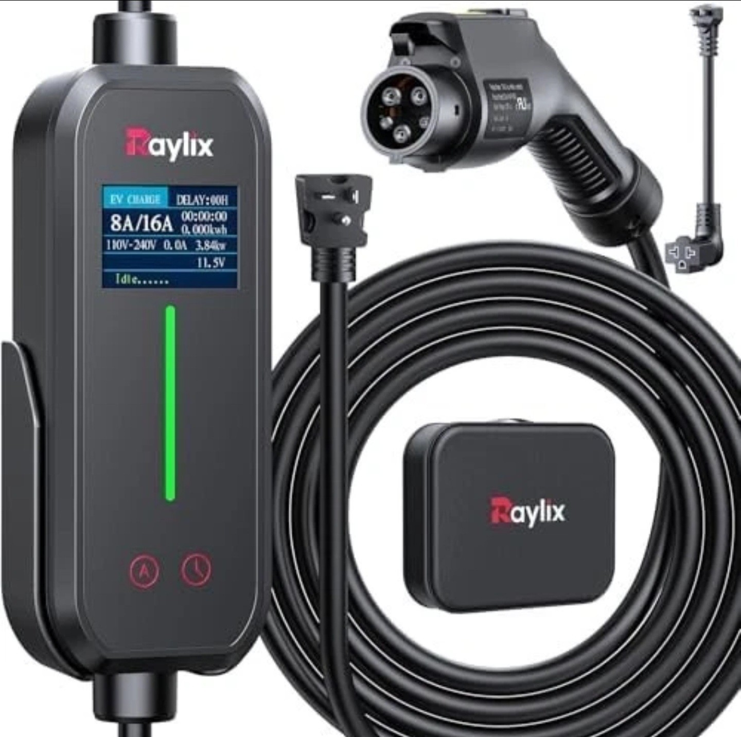 Raylix Level 1&2 Portable EV Charger, 8-16Amp 110V–240V, NEMA 5-15 & 6-20 Plug