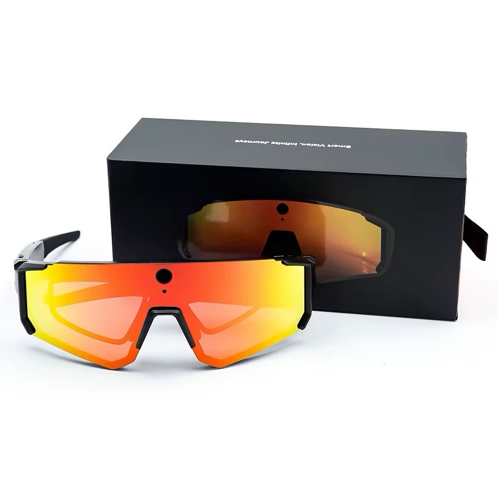 Smart Glasses with Camera, Black Frame, Orange Reflective Mirrored Lenses