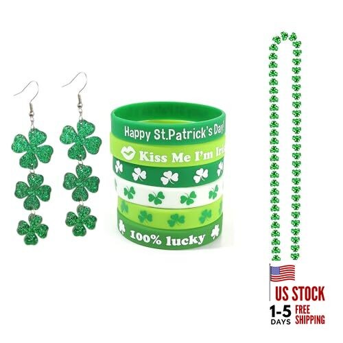 St Patrick's Day Earrings Necklace Bracelet Set Shamrock Earrings Style 1
