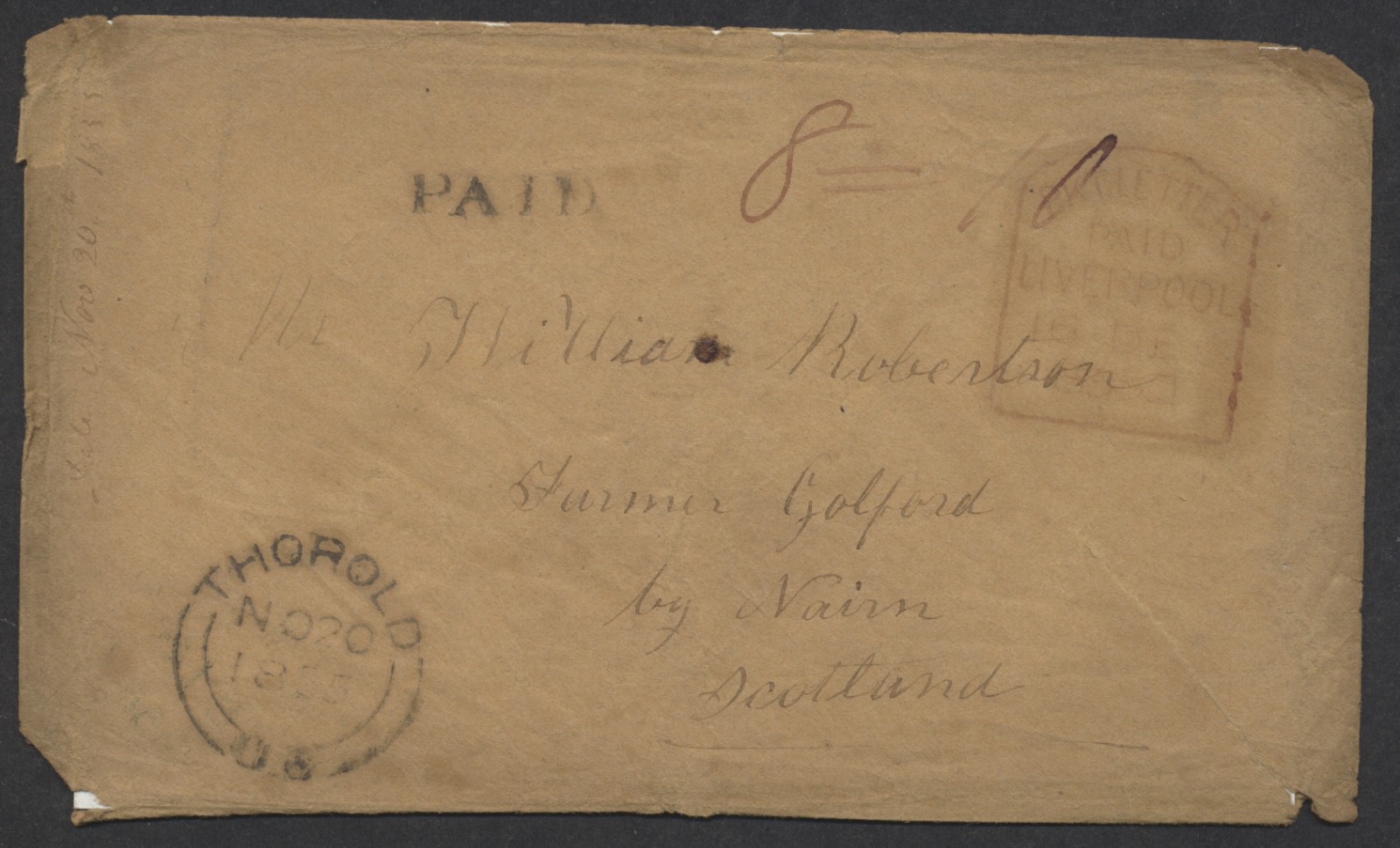 1855 TransAtlantic Cover Thorold UC to Nairn Scotland Cunard 8d = 10d Cy Rate