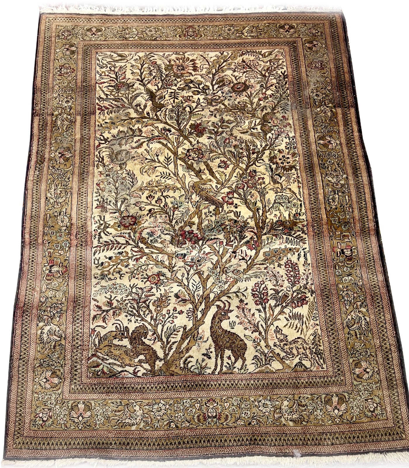 4x5 Fine Silk Handmade Tapestry Rug Tree of Life 100% Silk Vintage 104cm x 152cm