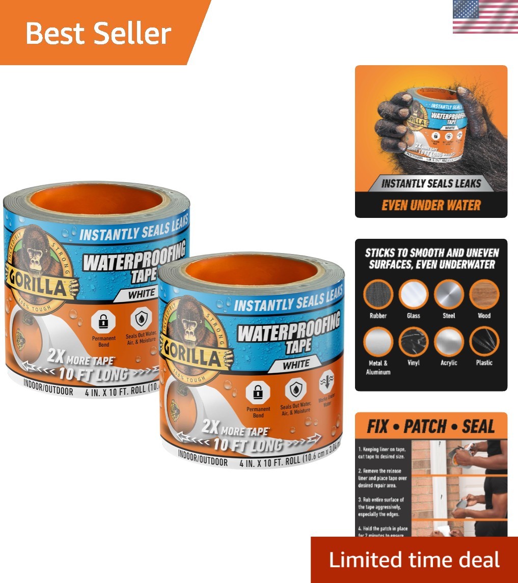 Waterproof Patch & Seal Tape, White Tape, 4" x 10' Pack of 2 - Permanent Weat...
