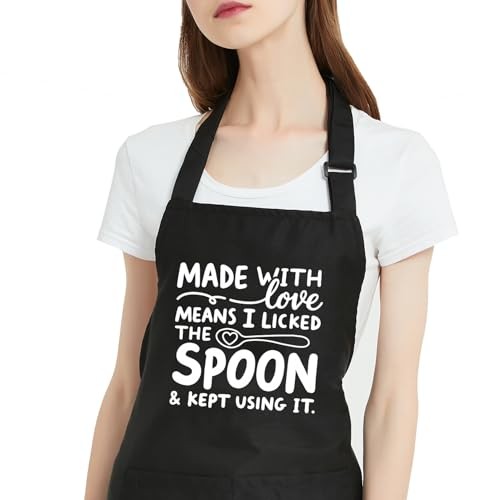 Funny Aprons for Women with Pockets, Cute Aprons for Black-i Licked the Spoon