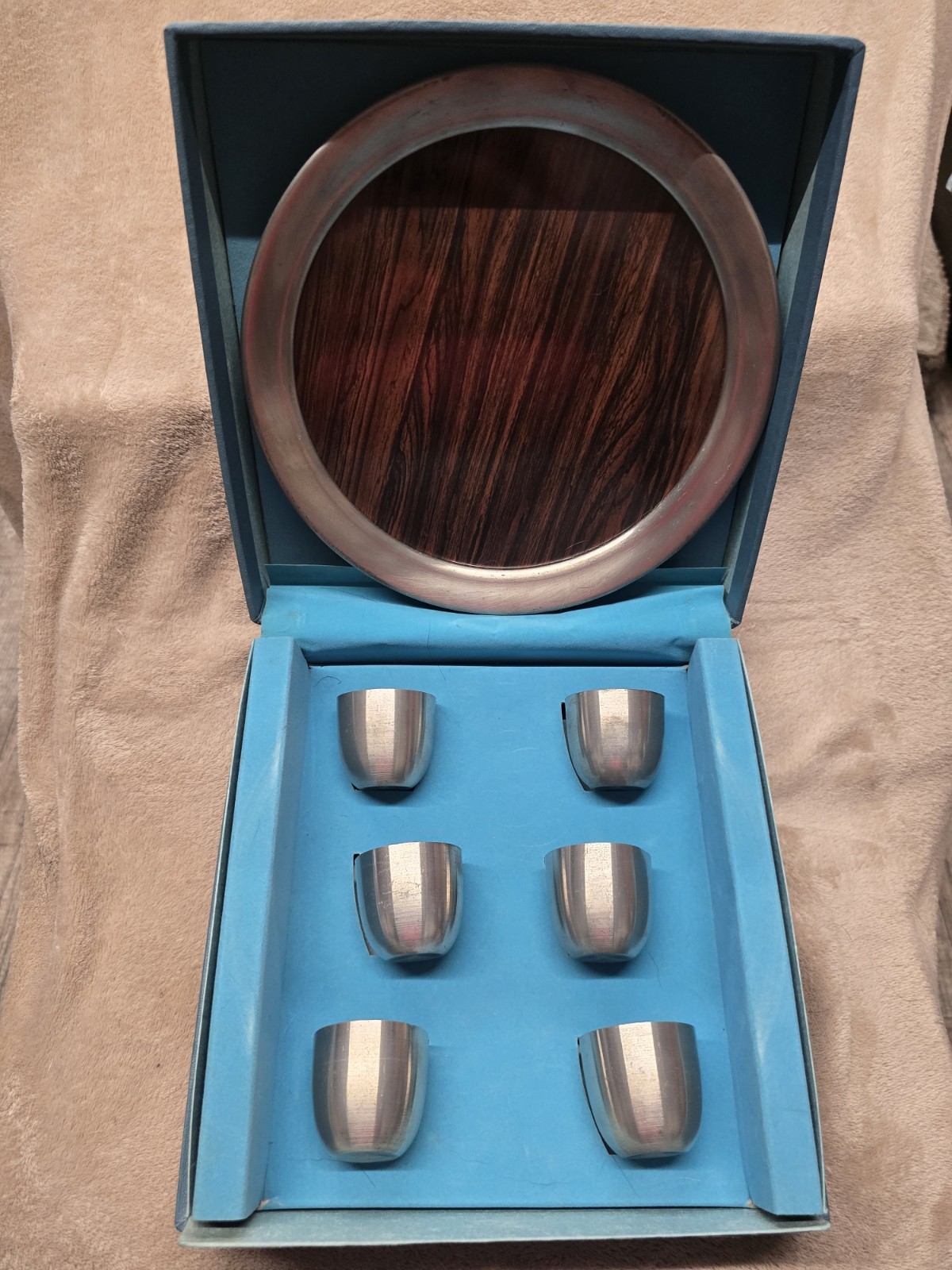 Kirk Steiff Vintage Pewter Set, Platter And 6 Cups In Original Box