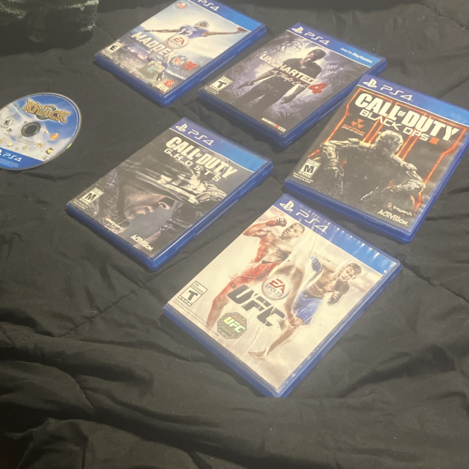 PS4 Game Lot Madden NFL 16, EA Sports UFC, Uncharted 4, Call of Duty, Knack