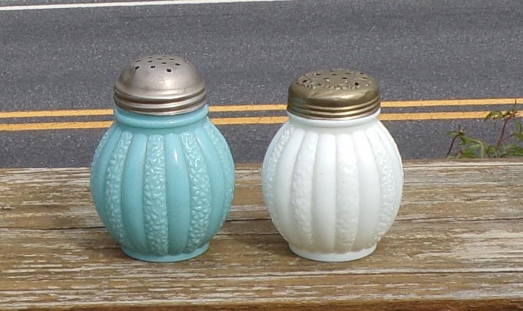 EAPG GILLANDER & SONS  "SCROLLED RIB"  BLUE & WHITE OPAQUE SUGAR SHAKERS