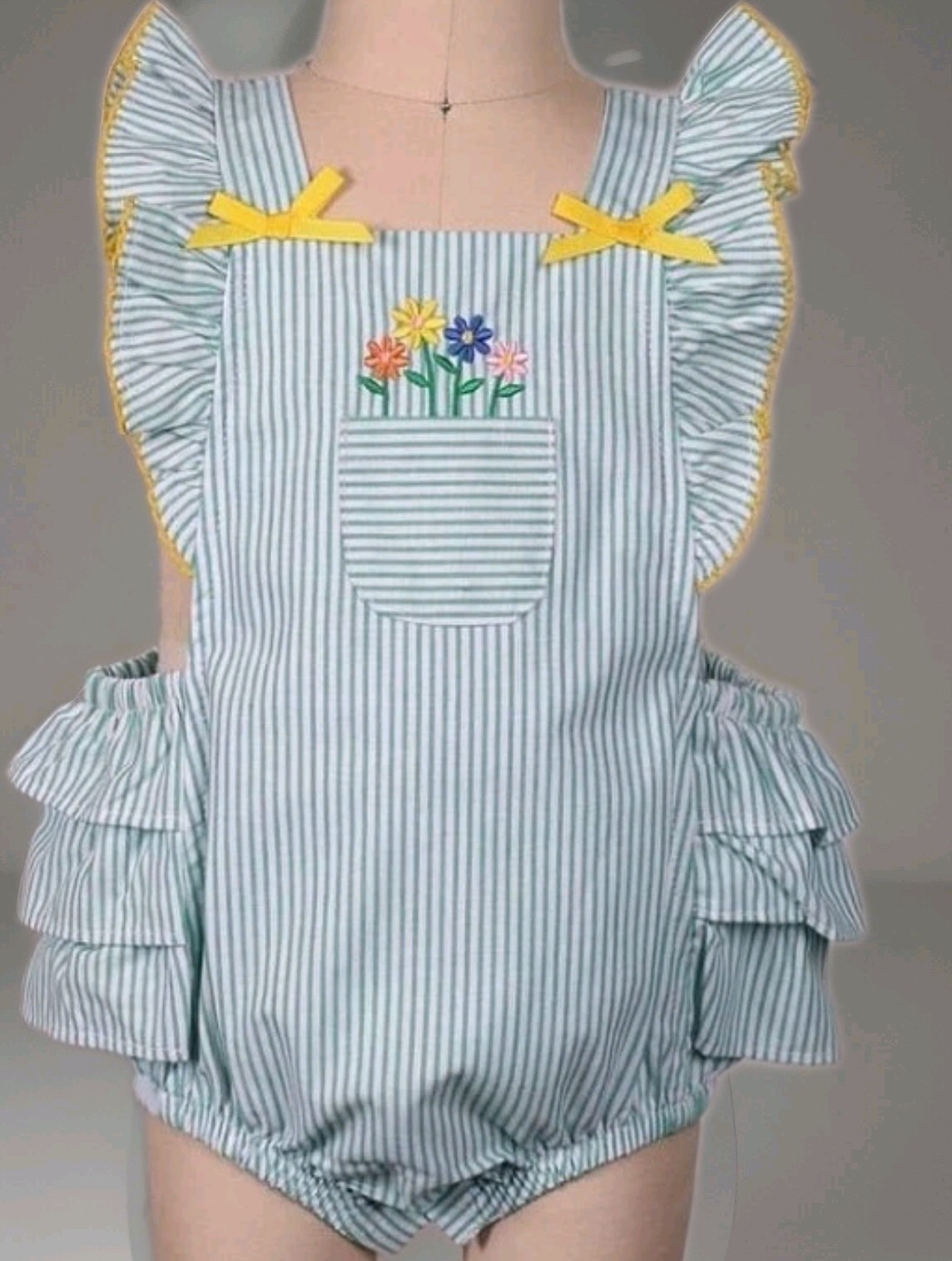 Goodlad Baby Girls Seersucker Flowers Embroidered Romper Sunsuit Green Size 9mos