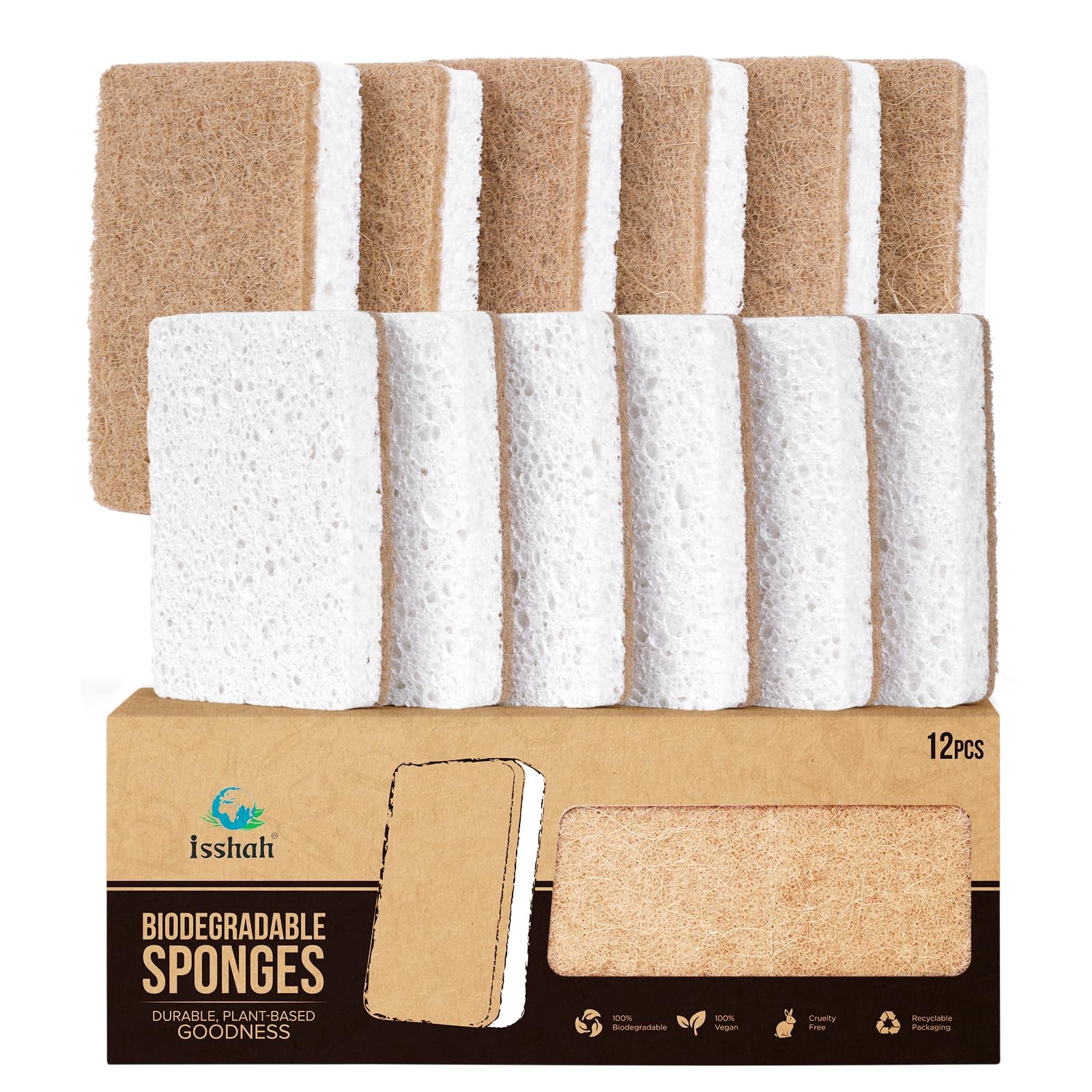 Isshah Plant-Based Kitchen Sponges - FSC Certified and PETA 12 Count, Brown 