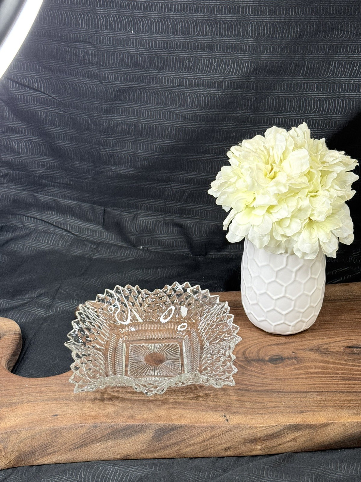 Vintage Indiana Glass Diamond Point Ruffled Edge Square Candy Dish. 