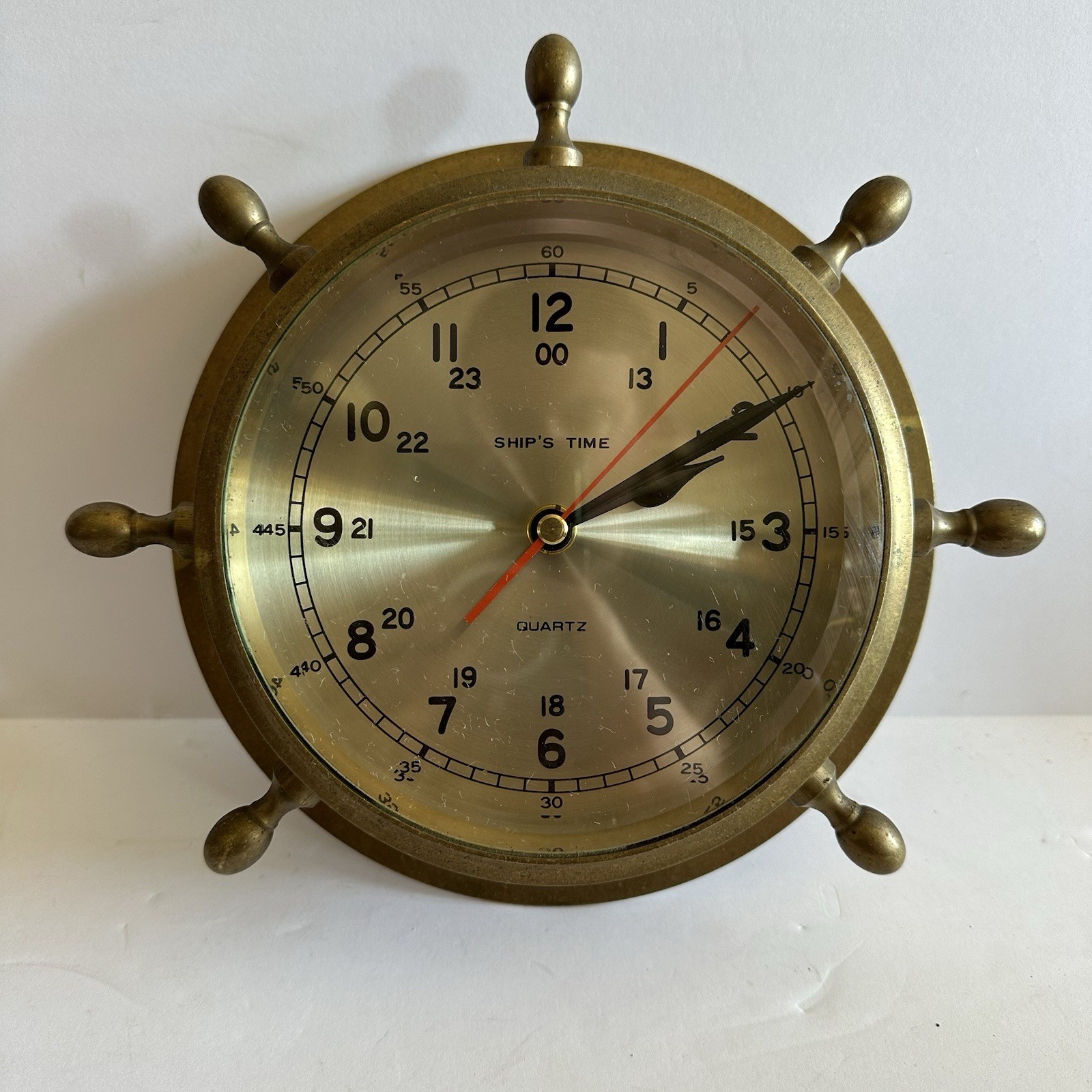 Vintage Ship's Clock Wheel Solid Brass Heavy 9” Needs New Clock Mechanism