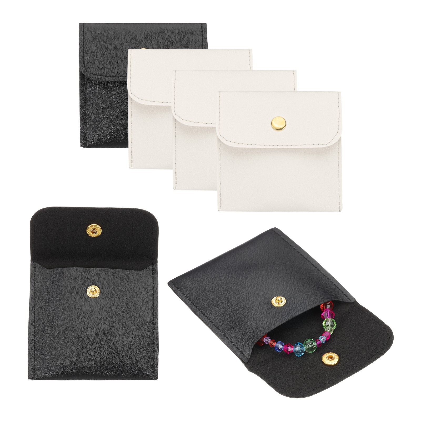 PU Leather Jewelry Bag, 6Pcs Jewelry Pouch with Snap Button (Black, Beige)