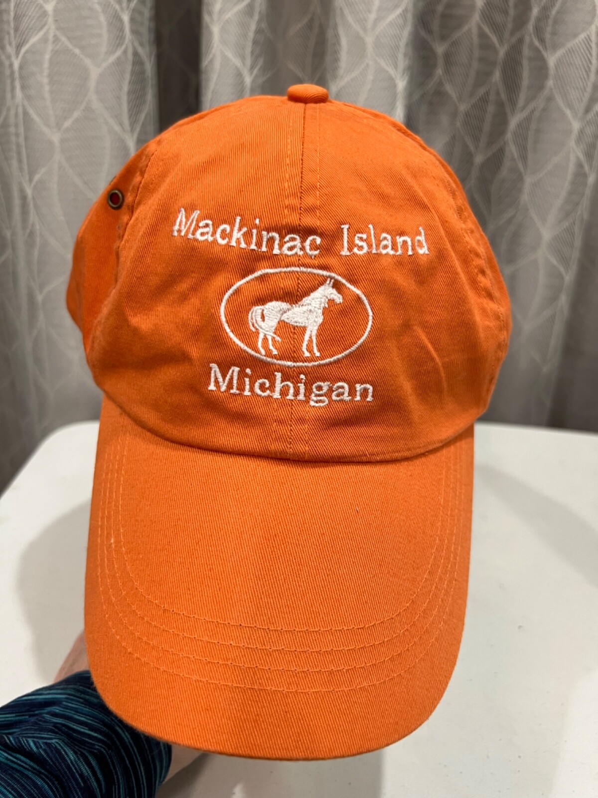 Mackinac Island Michigan with Horse in White on Orange cotton Hat Cap EUC Adj