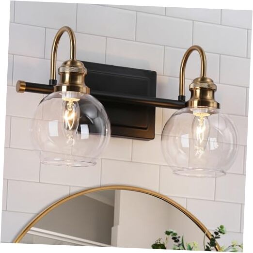  Black Gold Vanity Light, Modern 2-Light Bathroom Clear Glass Globe 2-Light