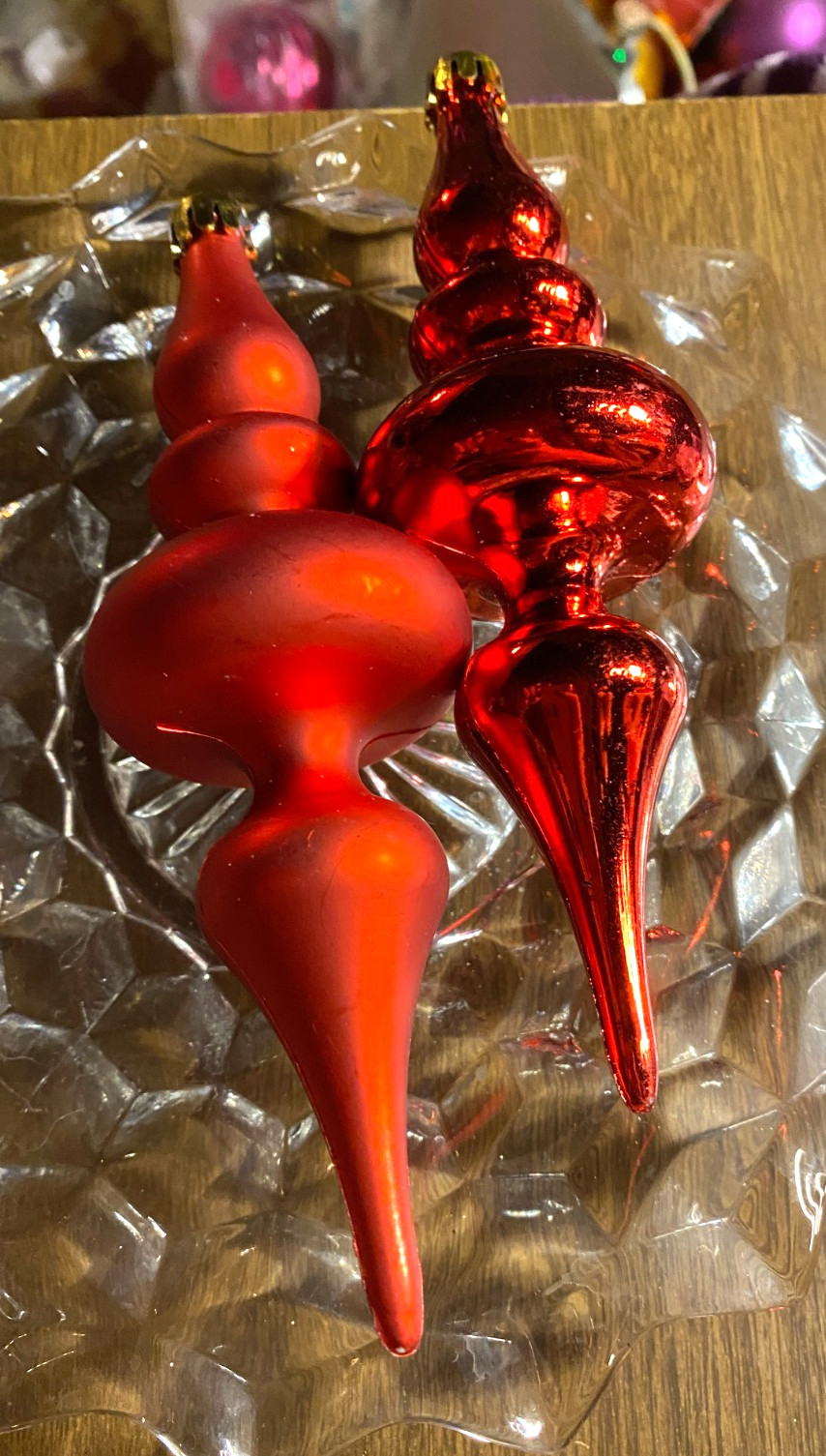 2 Red Finial Shatterproof Christmas Ornaments 6"
