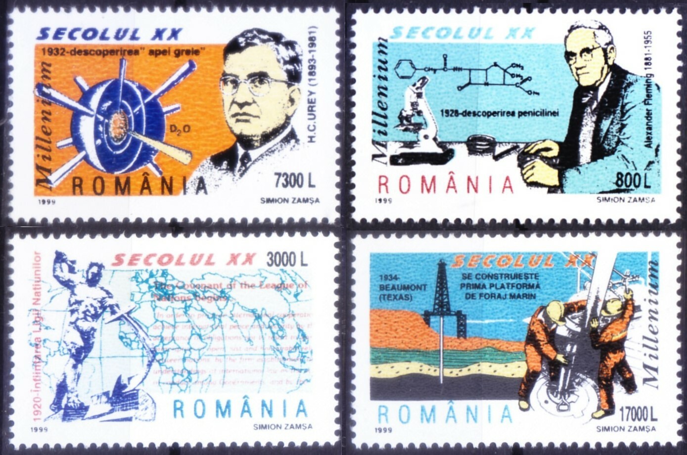 Romania 1999 MNH 4v, Nobel Medicine Fleming, Chemist Harold Urey, Oil drill [F1]