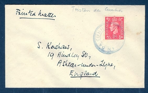 TRISTAN DA CUNHA 1P KGVI PRINTED MATTER TO UK