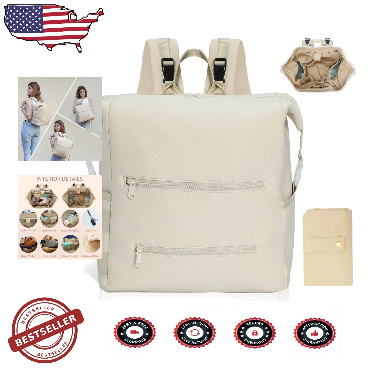 Large White Diaper Bag Backpack - Lightweight Neoprene, 2 Insulated Pockets, Pad