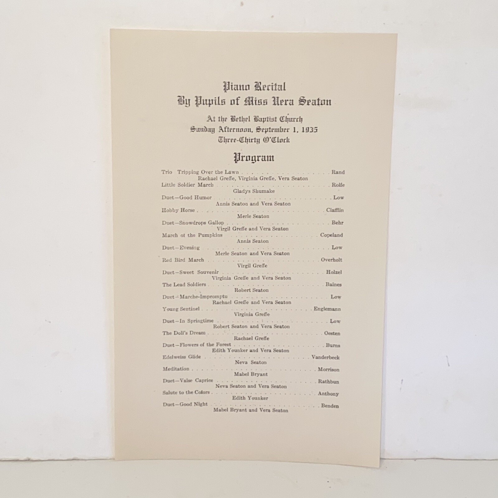 1935 Playbill Piano Recital Program Bethel Baptist Church Sharpsburg Illinois