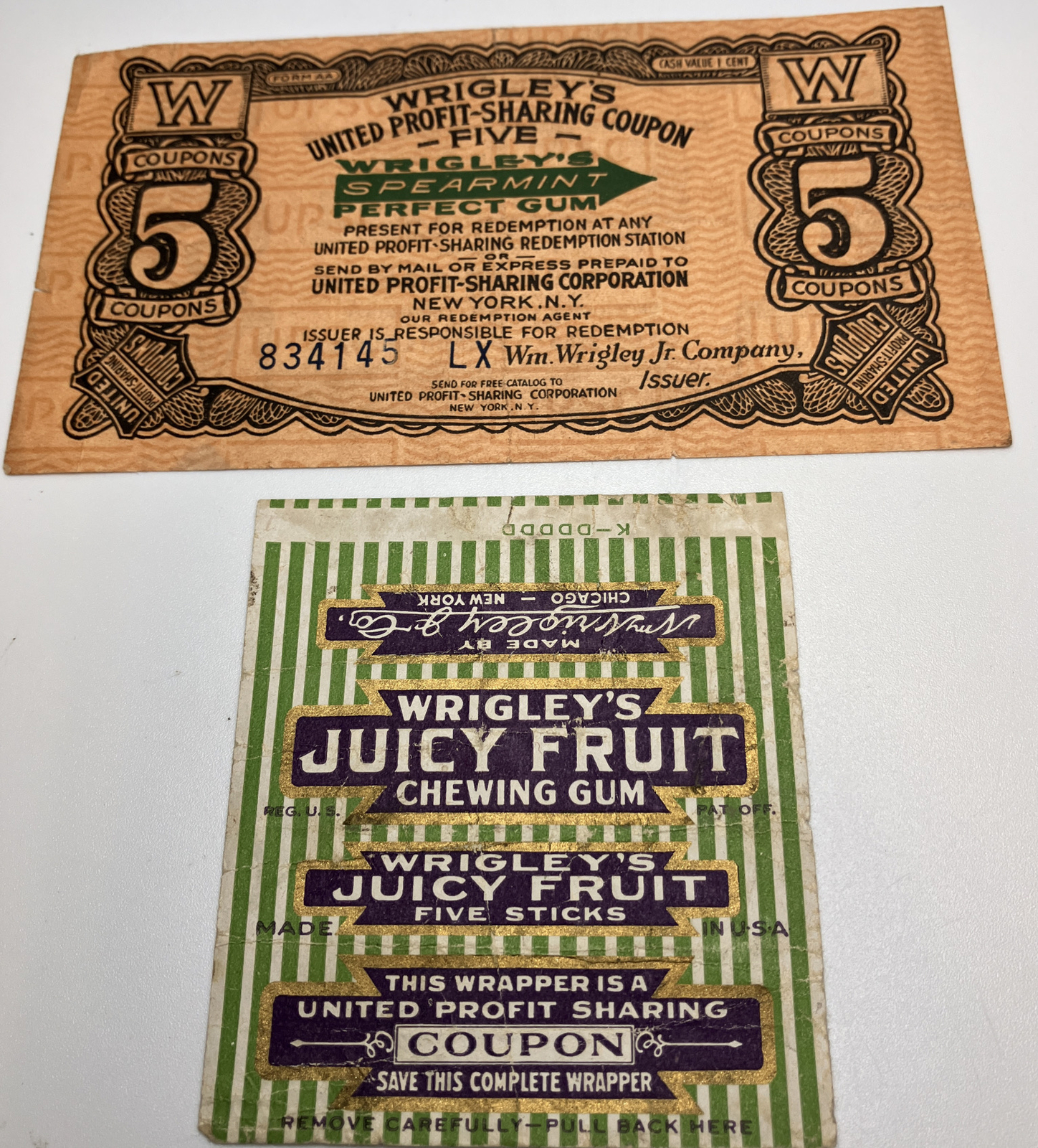 2 Vintage  Wrigley's United Profit-Sharing Coupons 1930s  Chewing Gum