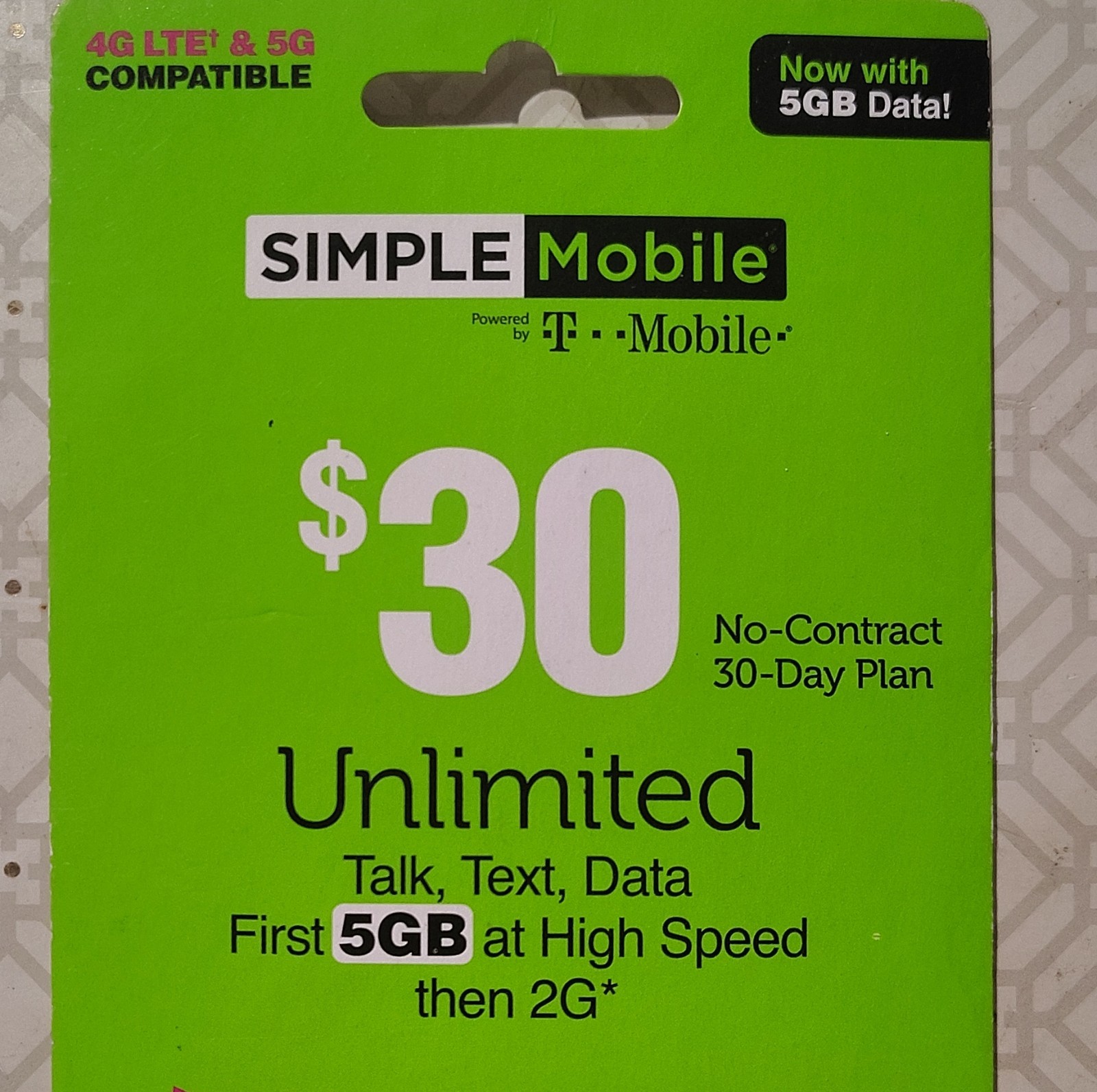 SIMPLE Mobile $30 Prepaid Card 5GB Data Unlimited Talk Text 4G/5G T-Mobile