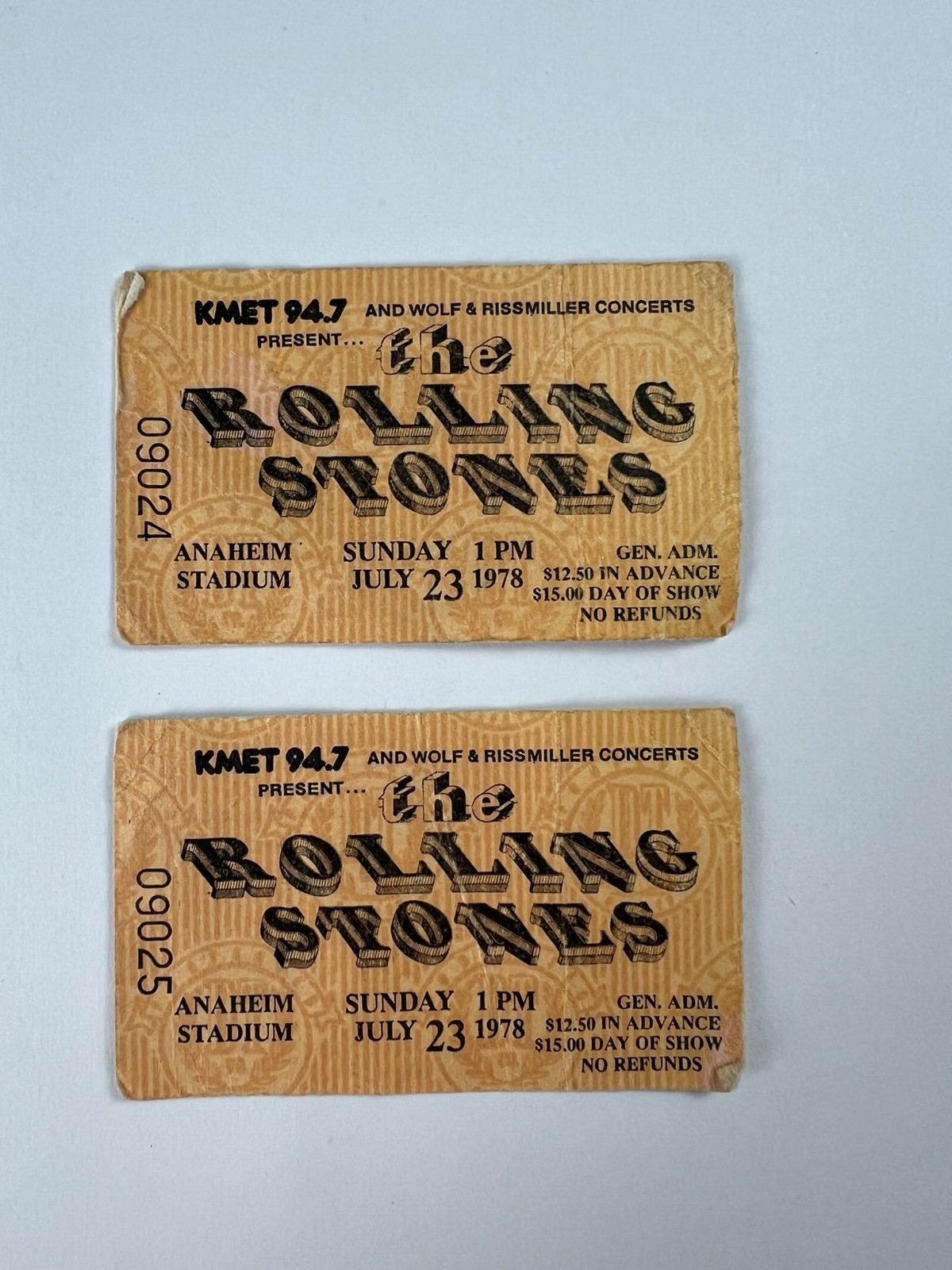 Rolling Stones 1978 Anaheim Stadium Unused Full Tickets PAIR Consecutive #09024–