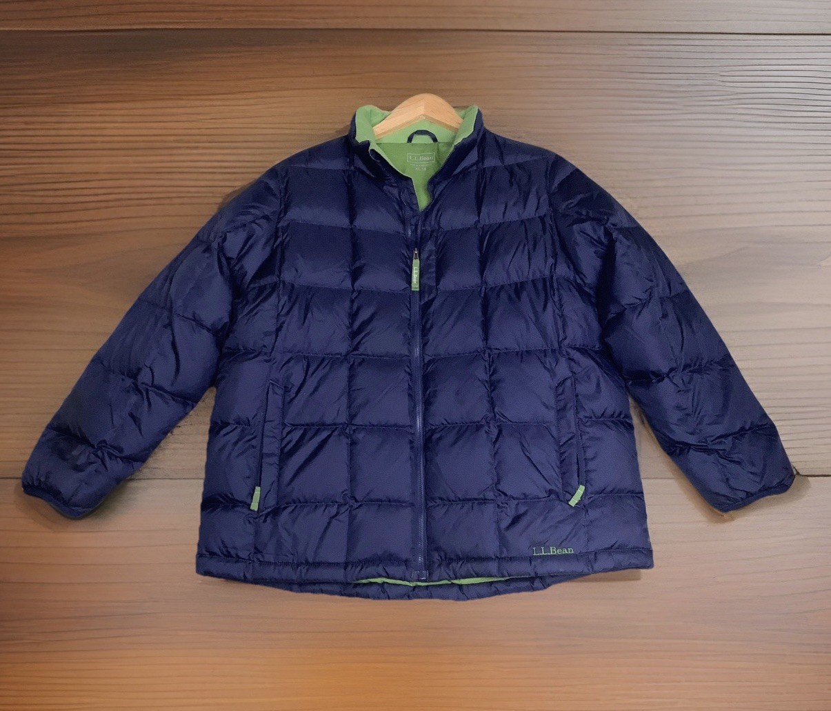 L.L. Bean Down Puffer Coat Juniors Boys Lime Green Interior Blue Size XL 18