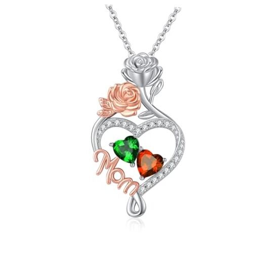 Mom Love Heart Necklace for Women 14K Rose Gold/White 05-07-May-Jul Birthstone