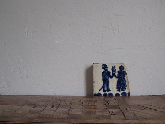 Antique 19th Century Transylvania Stove Tile Ceramic Panel Blue White Couple