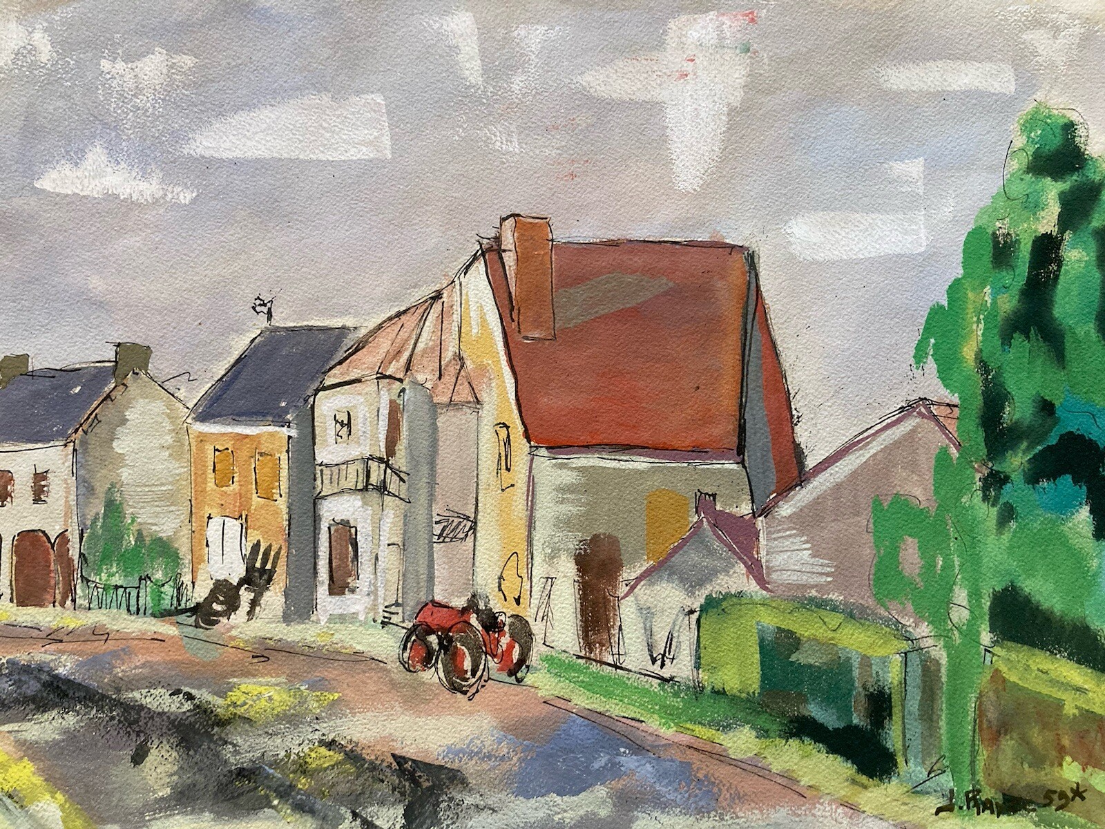 Belle Painting Gouache Landscape Village 1959 Countryside Tractor Agriculture