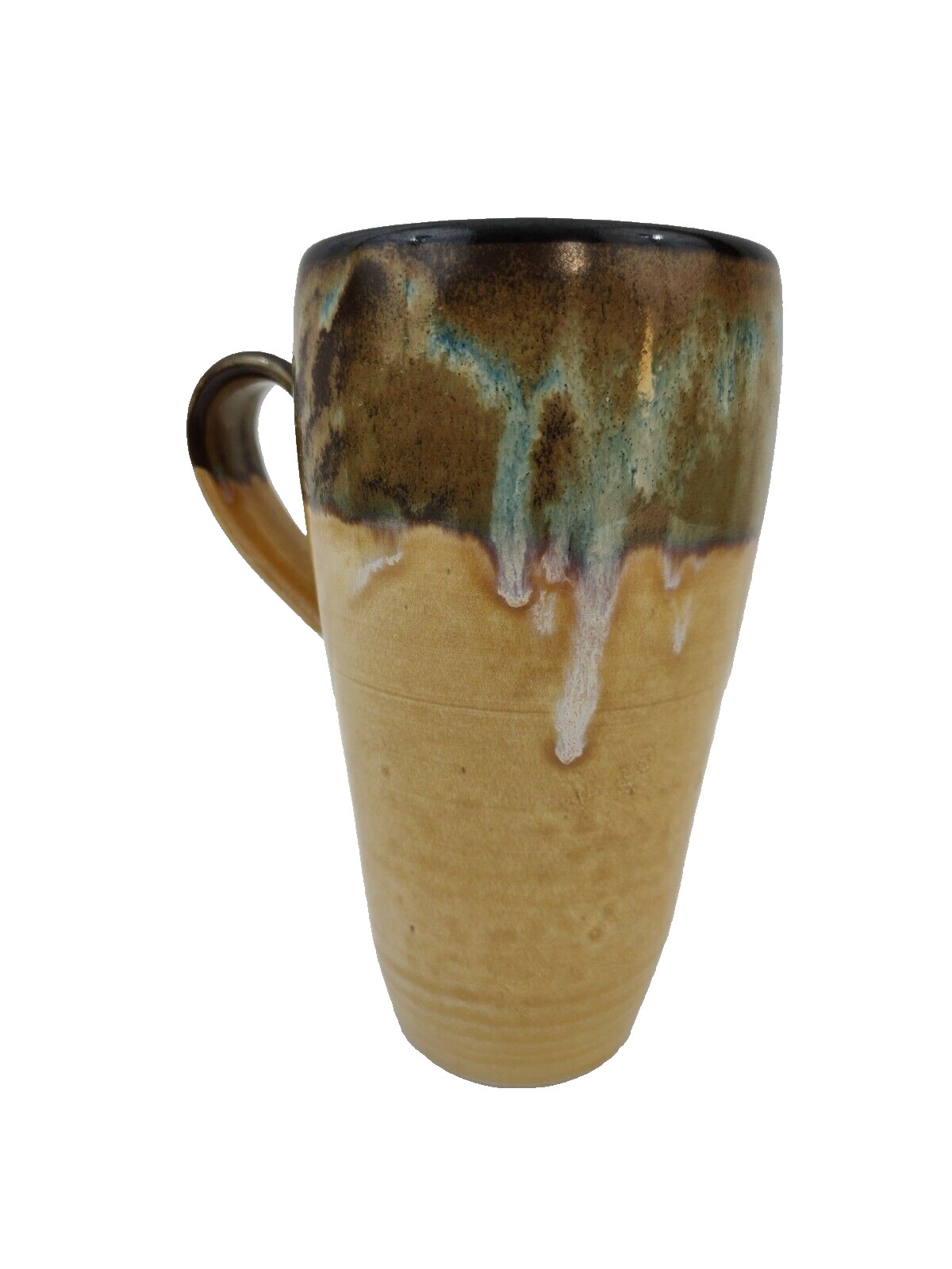 Vintage Tall Drip Glaze Mug Yellow Brown Green Coffee Tea Cup 6 in. tall