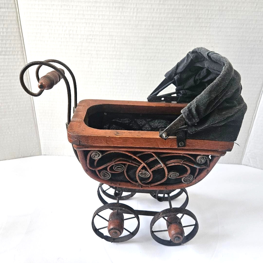 Antique Victorian Wood/Iron & Cloth Baby Doll Carriage/Buggy/Stroller, 11" Tall.