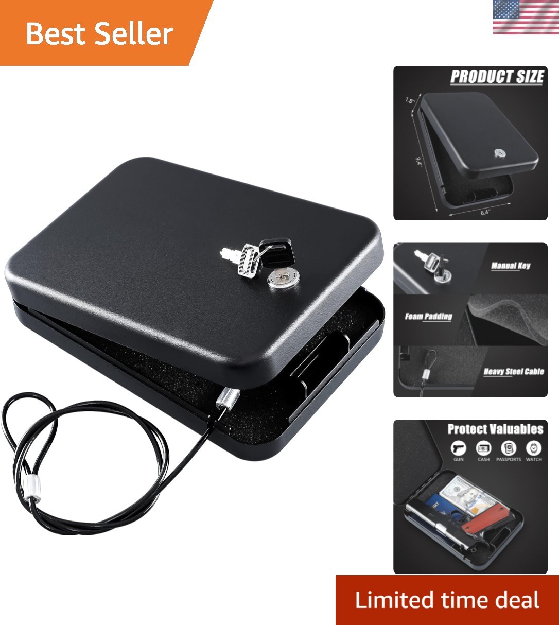 Durable Carbon Steel Pistol Lock Box - Travel-Ready with Anti-Theft Features
