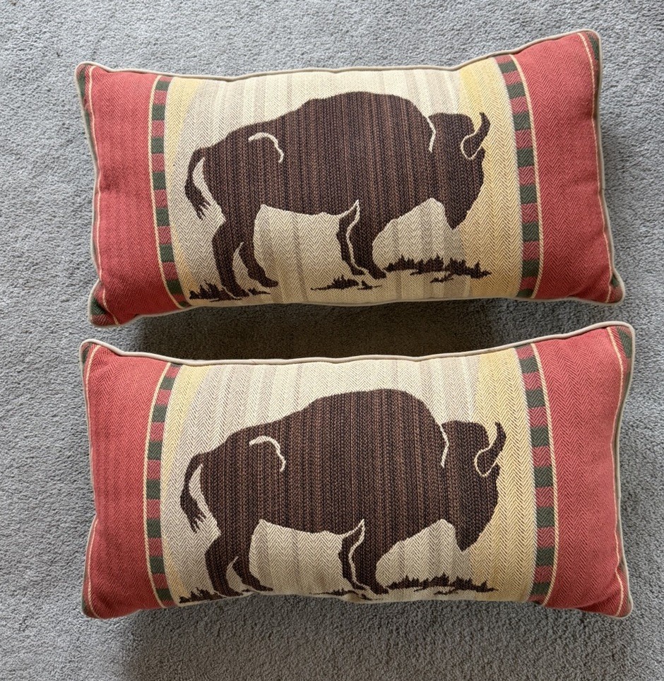 2 Vtg Tapestry Buffalo Bison Throw Pillows Ranch Cabin Style Cowboy Decor