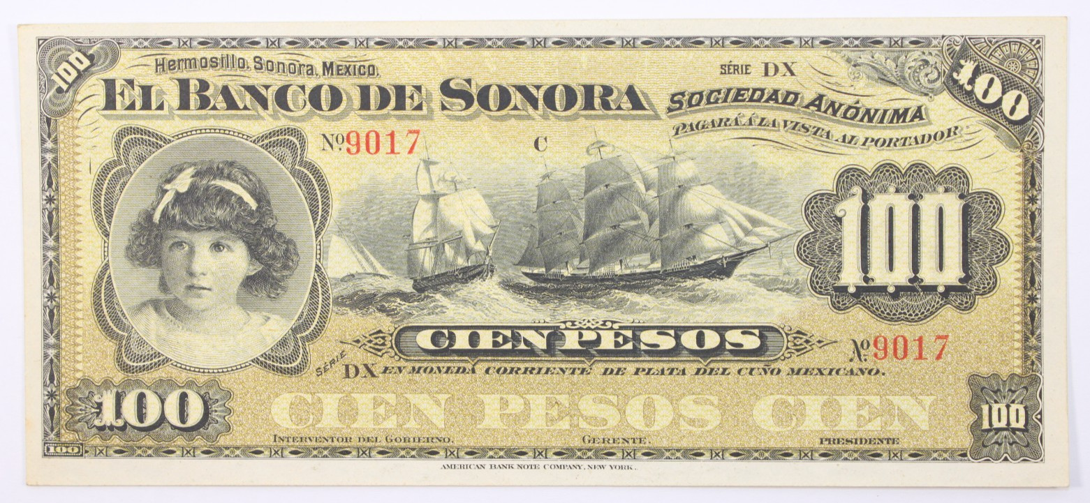El Banco De Sonora 100 Pesos , Mexico PS-423d , Uncirculated crisp Note. #0453