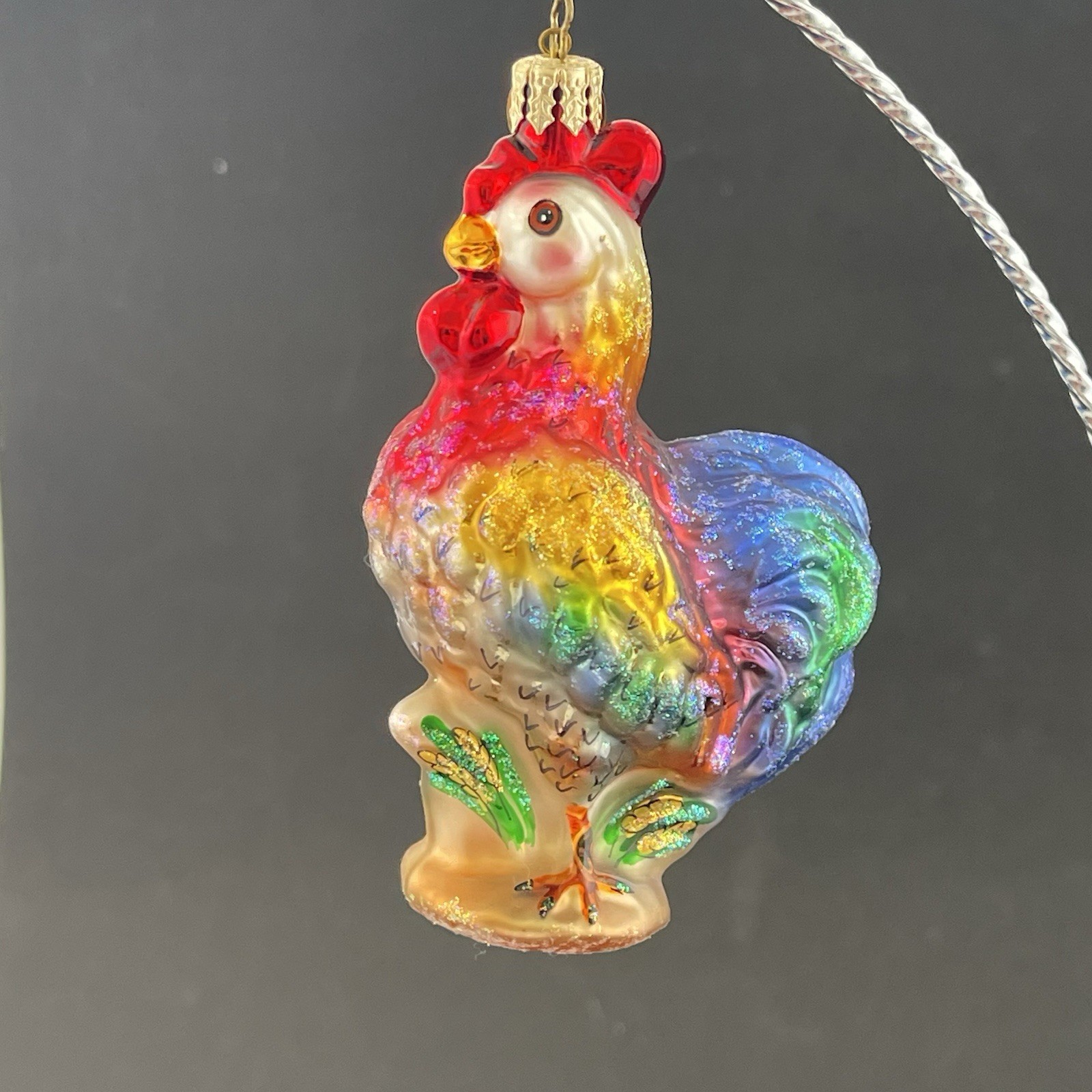 Christopher Radko "Farm Alarm" Rainbow Rooster Farm Glass Ornament
