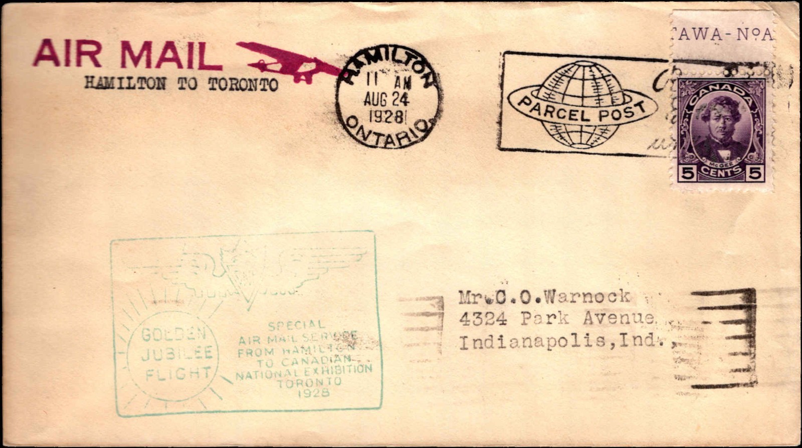 Canada 1928 Hamilton–Toronto Airmail Flight Cover Golden Jubilee Flight CNE