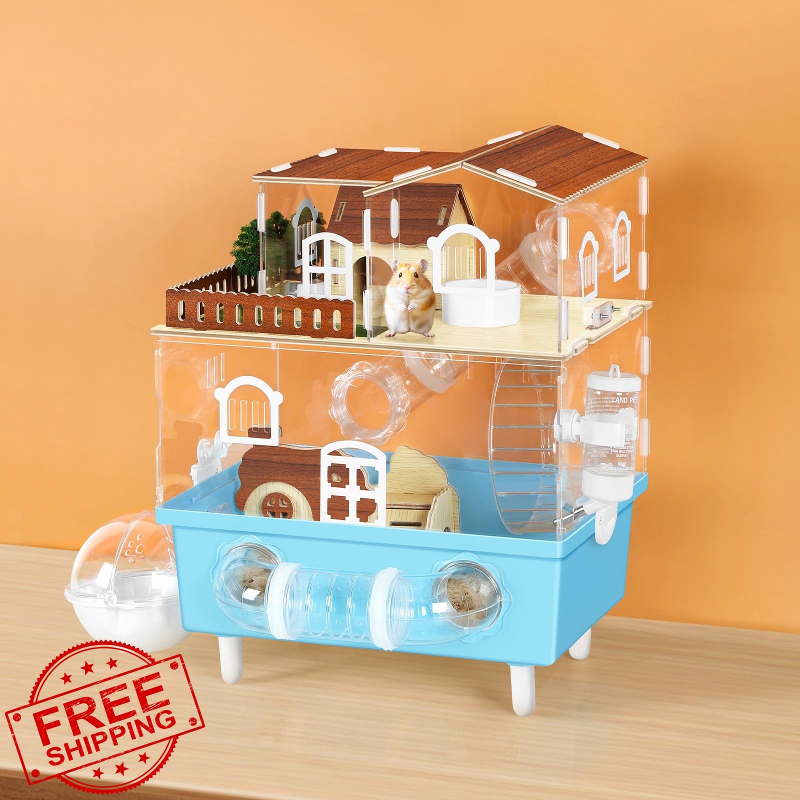 Large 2-Tier Acrylic Hamster Cage Blue Dwarf Gerbil House Wheel