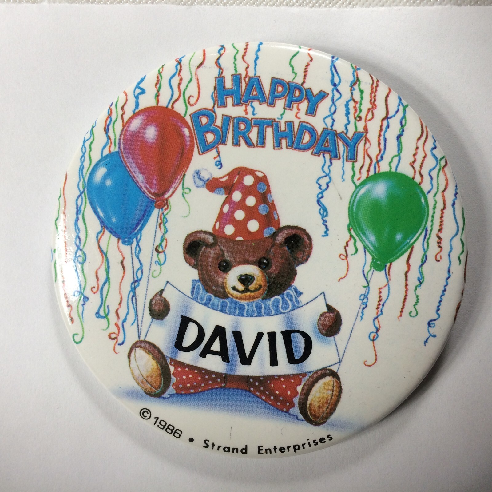 Happy Birthday David Teddy Bear Balloons 3" Button Pin