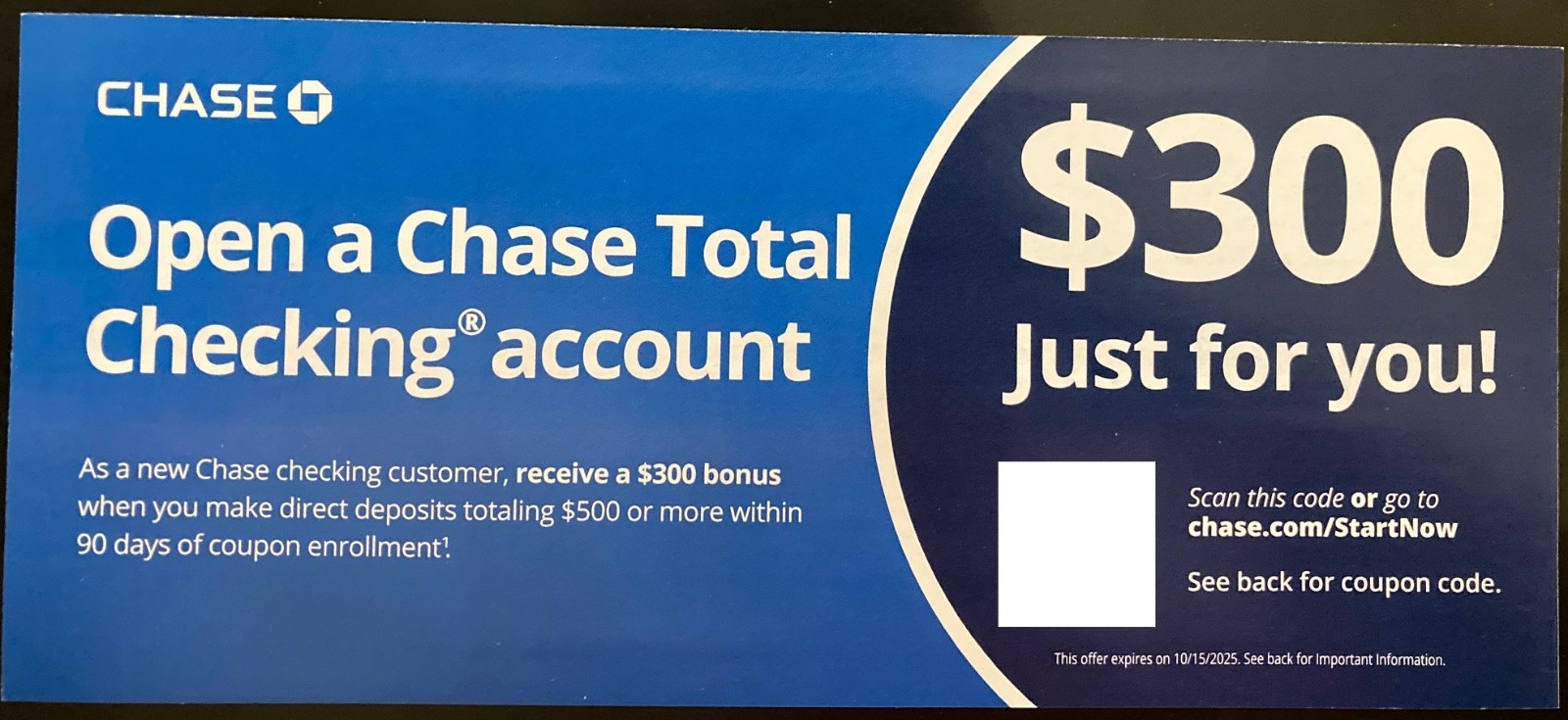 CHASE BANK TOTAL CHECKING ACCOUNT $300 BONUS COUPON EXP 4/15/2026