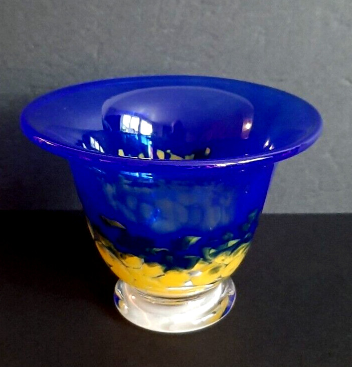 Vintage Swedish Art GlassFooted Vase Cobalt blue yellow Signed 4" tall 5.25