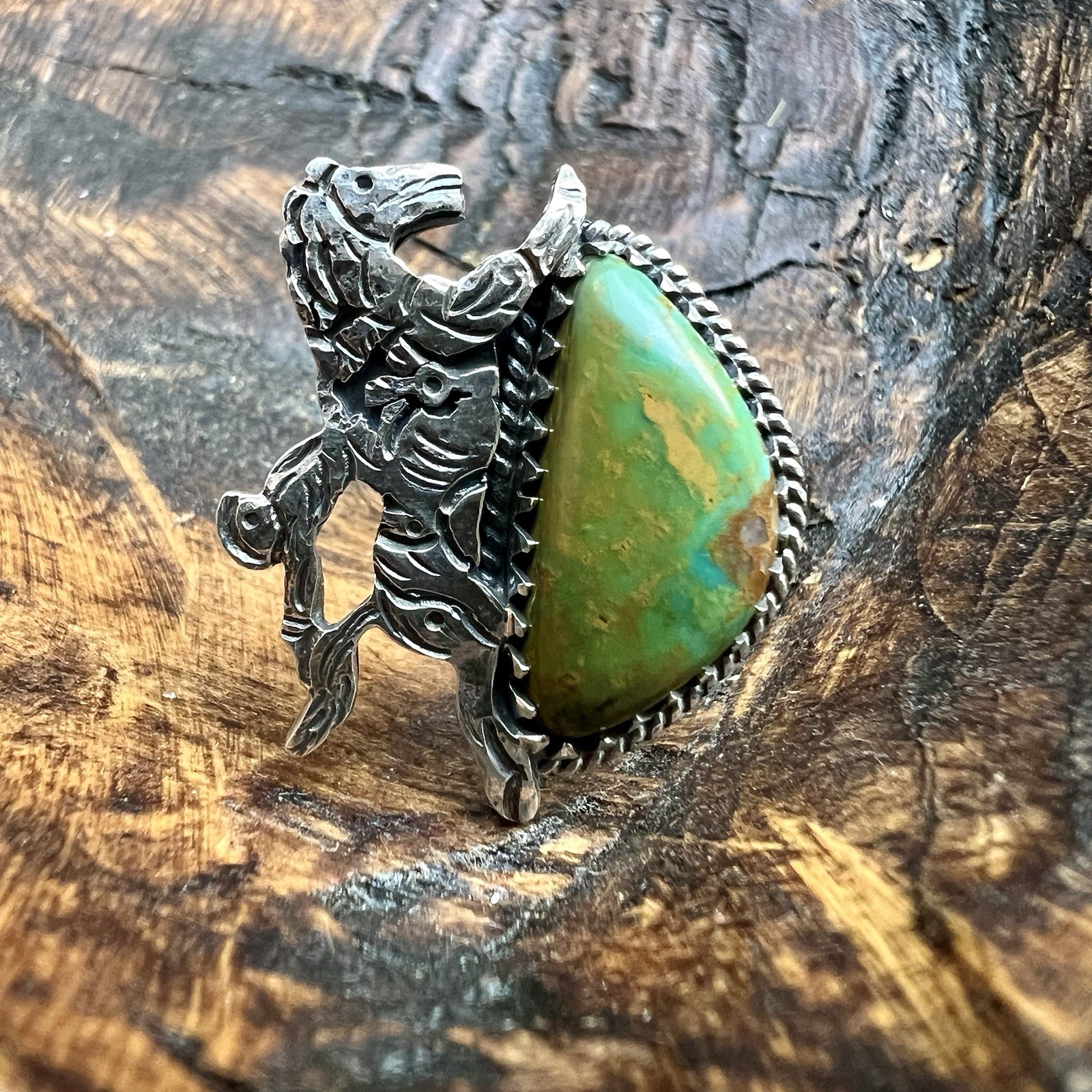 Kingman Turquoise Bucking Bronco Sterling Silver Ring Western Rodeo Size 8.5