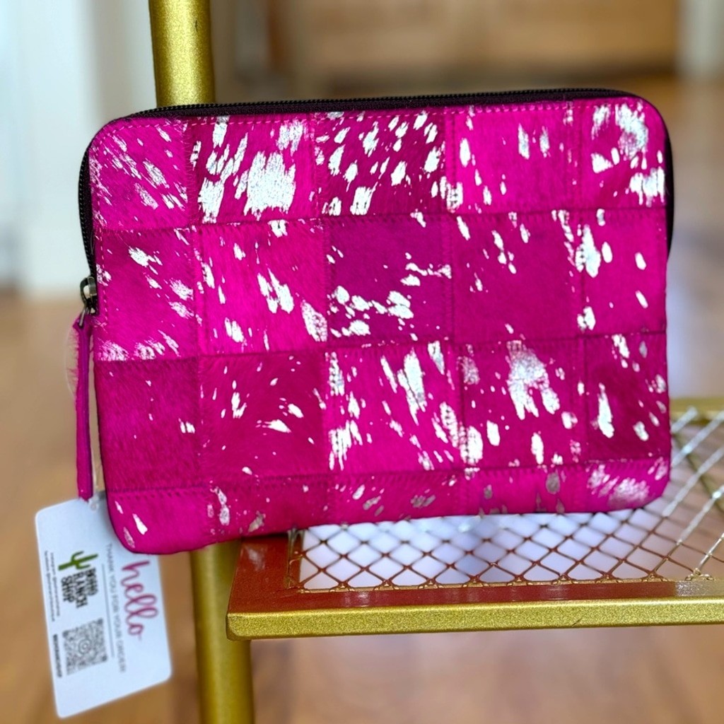 BOHO RANCH - NWT - Pink +Silver Genuine Cowhide Patch Travel Wallet Clutch - T3