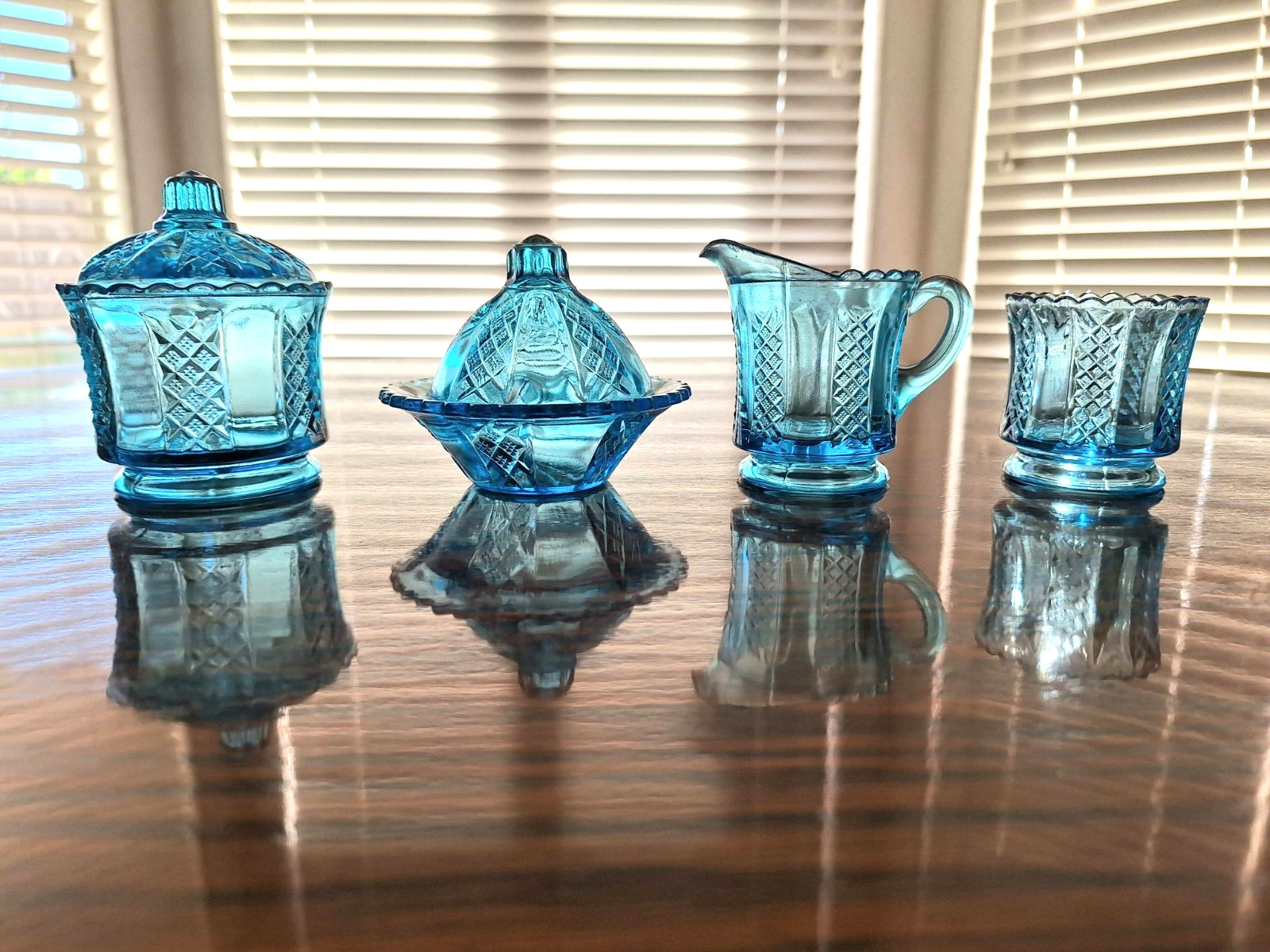 Antique EAPG Child's Toy Clear and Diamond Panels Blue Table Set