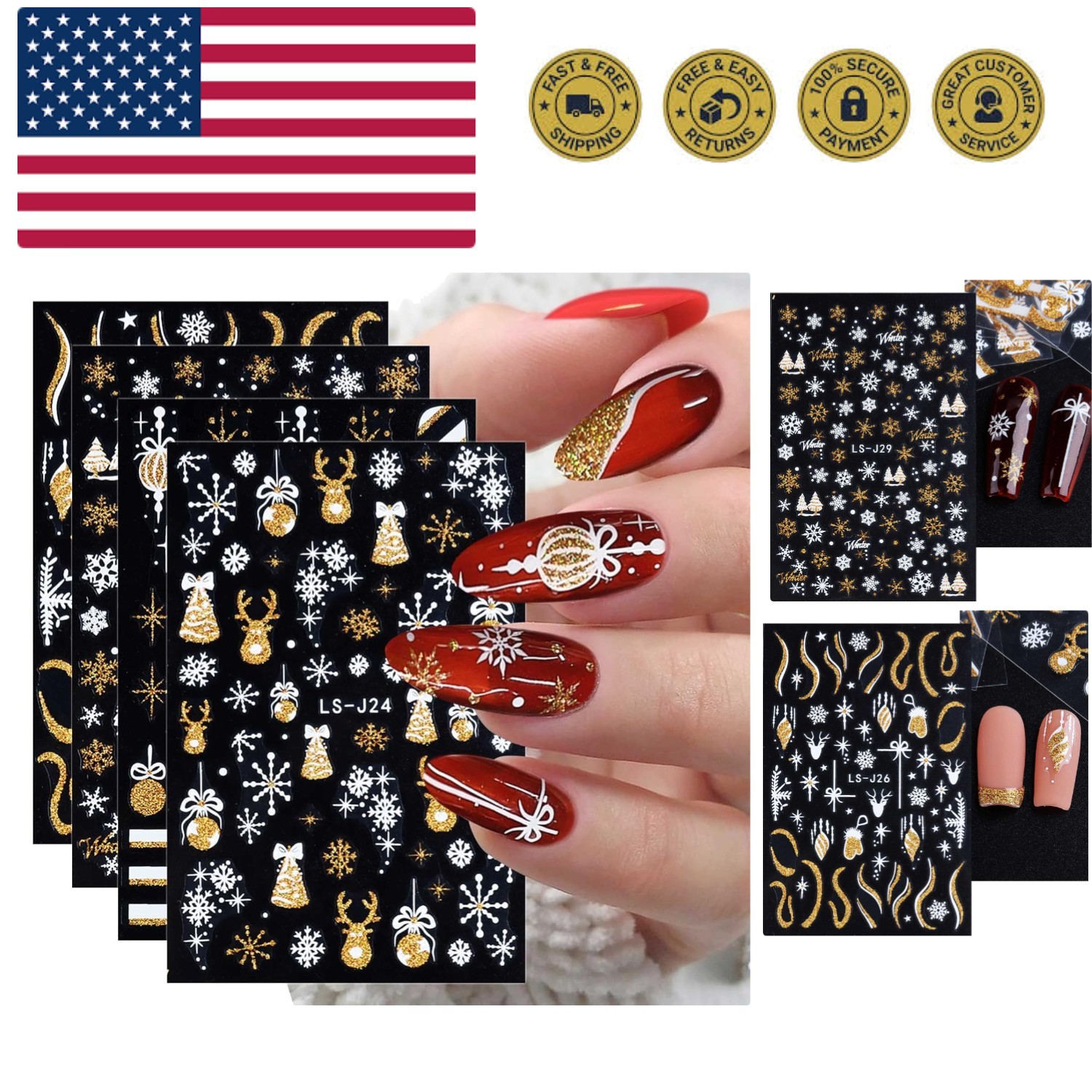 8 Sheets Glitter Christmas Nail Art Stickers Decals Self-Adhesive Holiday Gol...