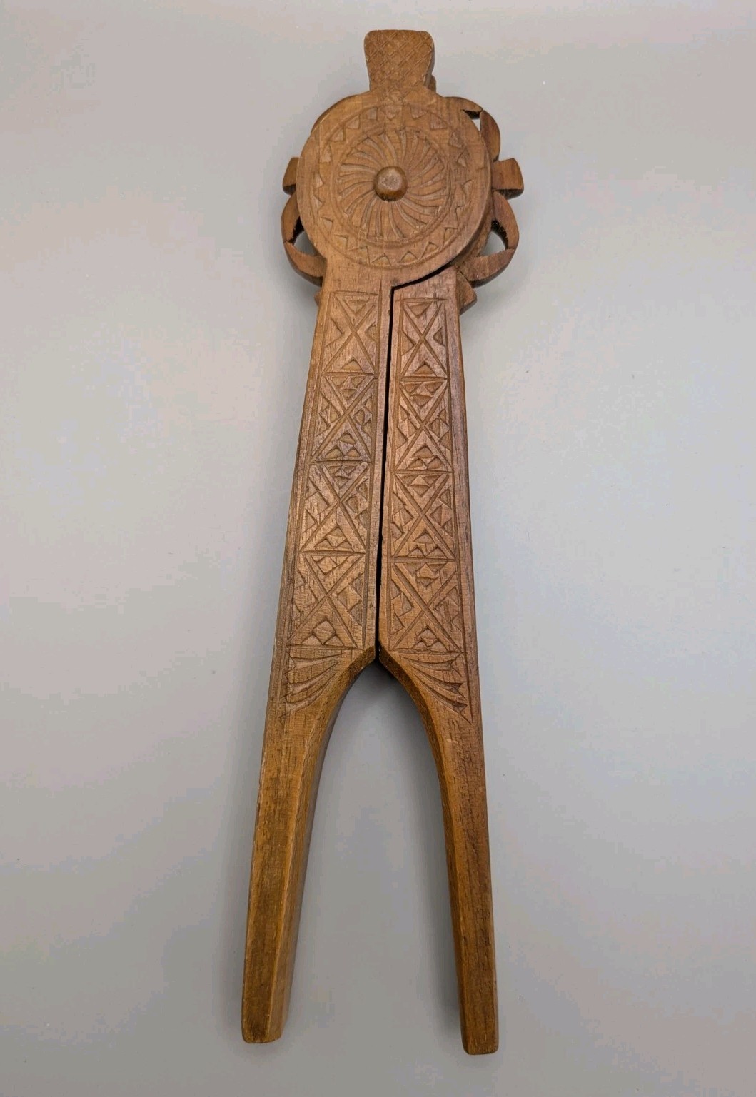 Vtg Hand Carved Wooden Nutcracker Folk Art Geometric Design Lever Style 8"