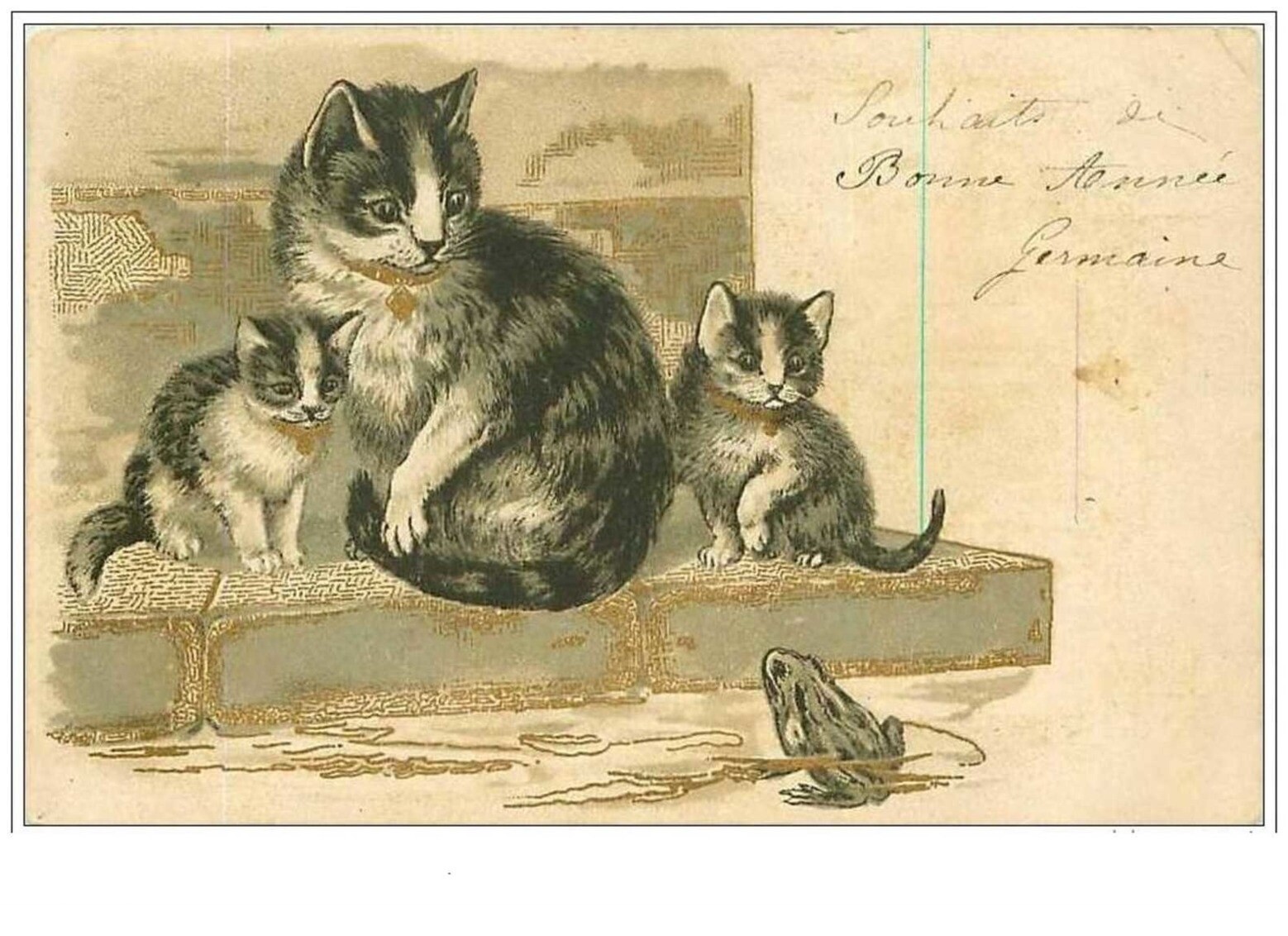 Cats No. 510 Cat And Her Kittens Observing A Frog