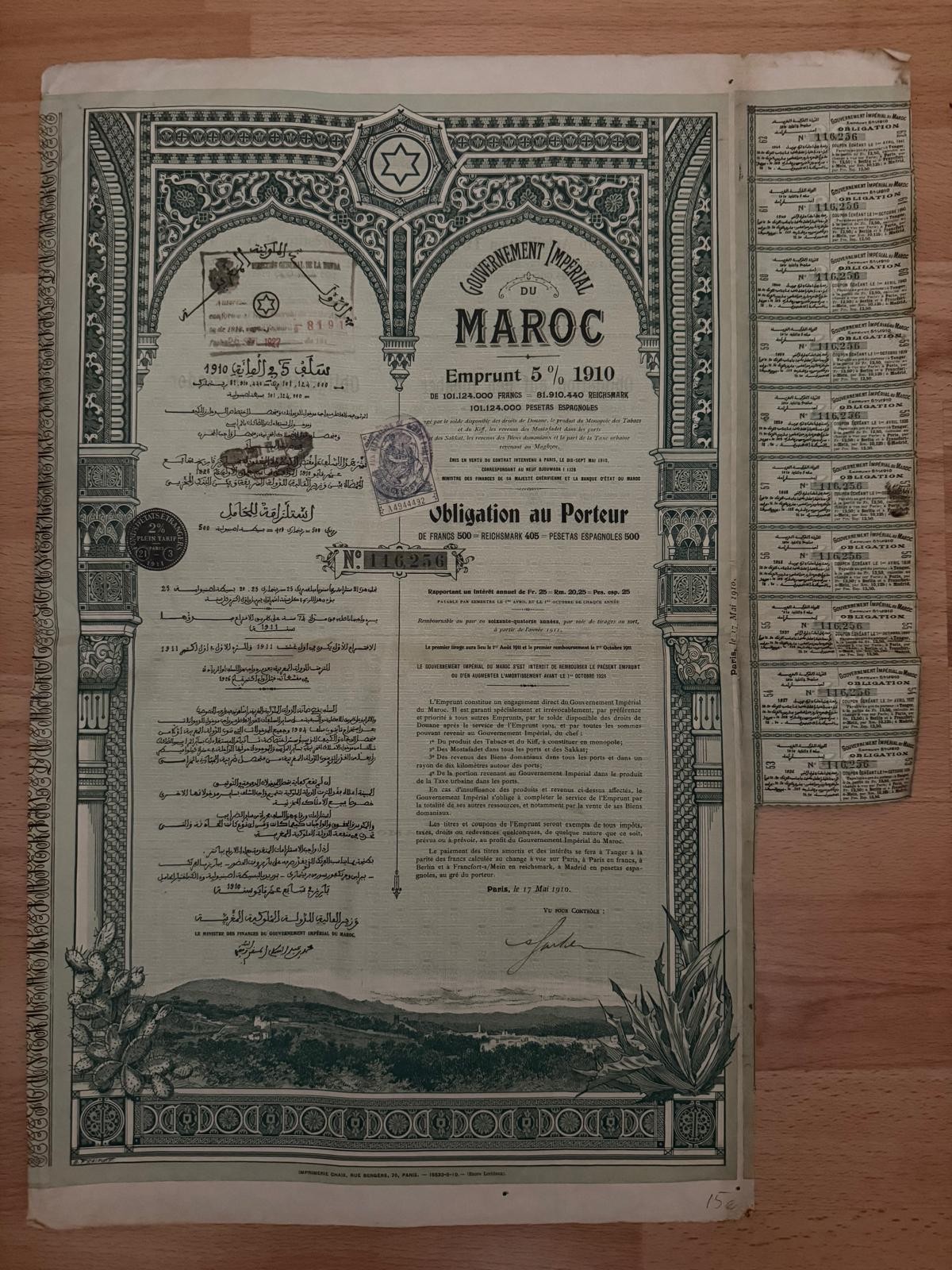 Morocco Gouvernement Imperial du Maroc bond Paris 500 Francs 1910