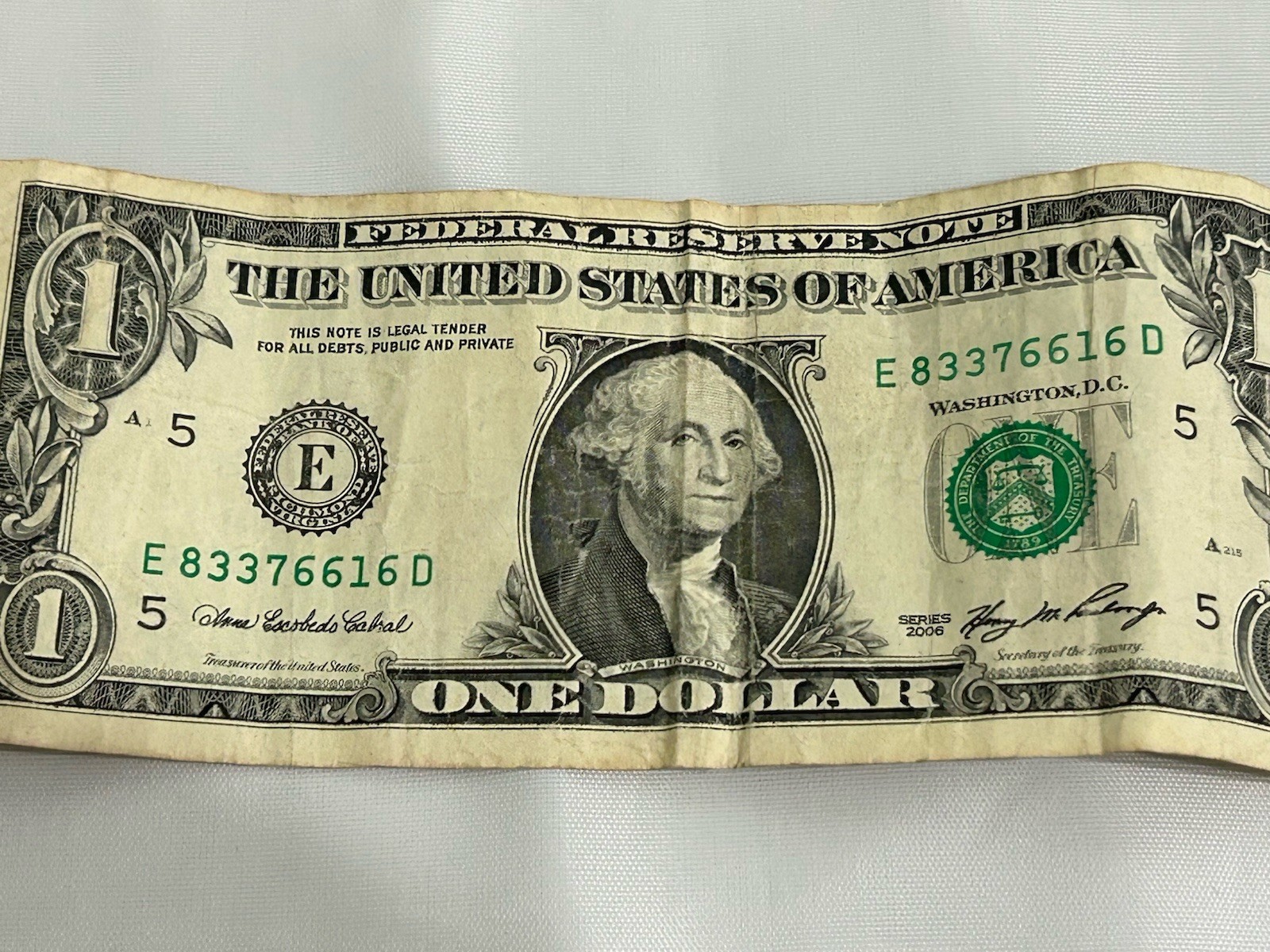 2006 $1 Federal Reserve Note Wet-Ink Full Transfer Error Federal Reserve Note
